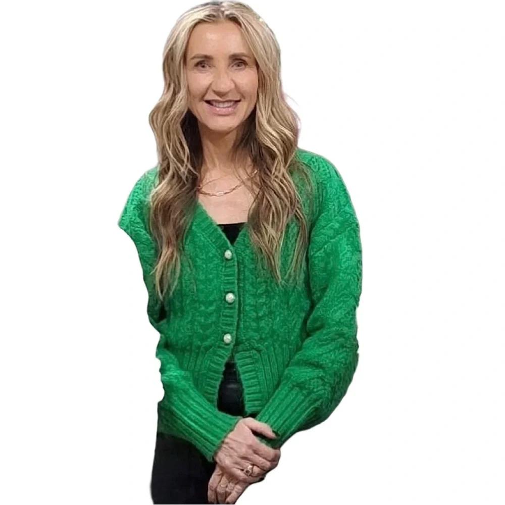 Zara Emerald Green Long Sleeve Cardigan w/ Decorative Buttons-Size Small - Picture 5 of 9
